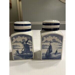Pair of Delft Blue White Lidded Jars Spice Vanity Windmill Sailboat